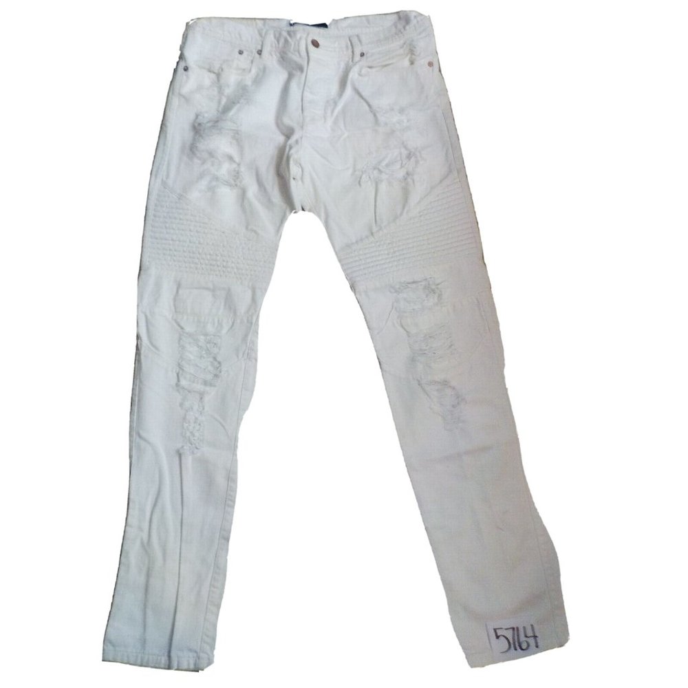 Stampd Moto Jeans Button Fly Destroyed White Tapered Mens Size 36 x 35